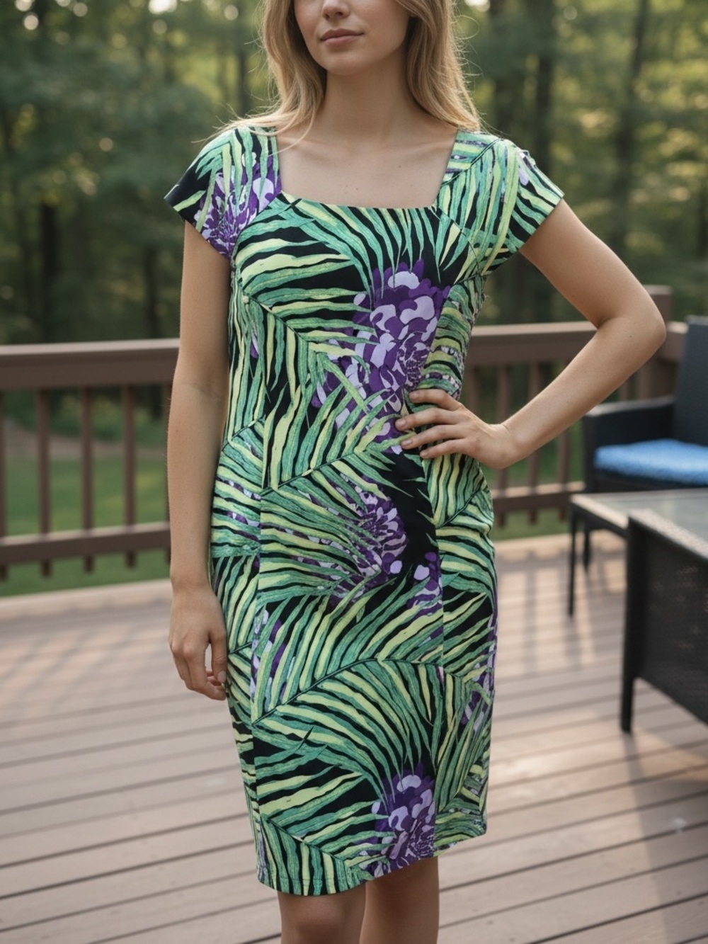 Farm Rio Tropical Leaf Print Sheath Dress in Mint & Purple